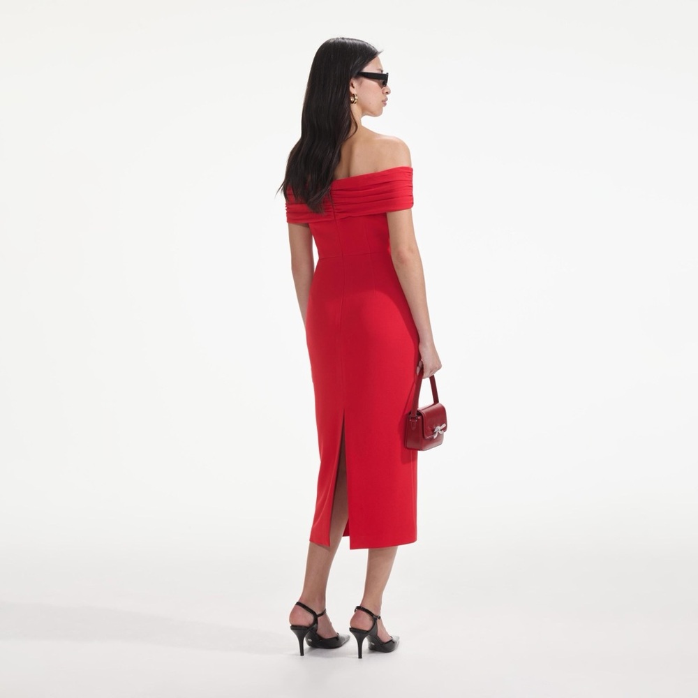 Self-Portrait Off Shoulder Ruched Sheath Midi Dress - Red - Size 0 - Picture 2 of 12